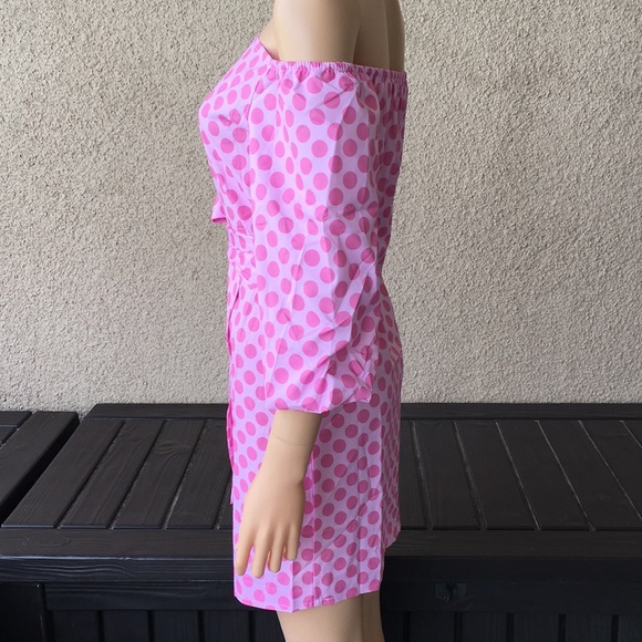 Pink Off Shoulder Polka Dot Big Bow Details Dress - Picture 3 of 5